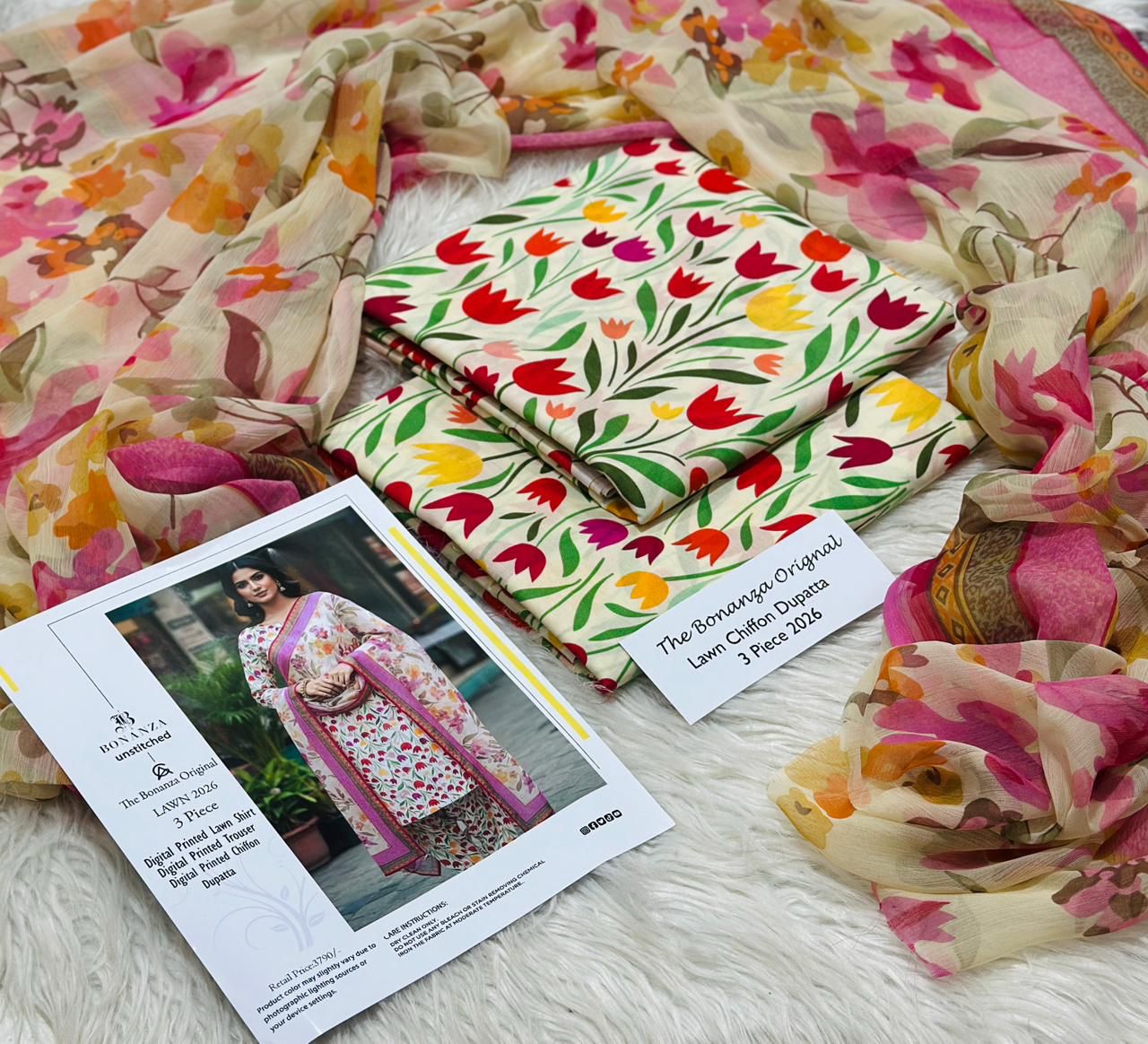 3 Pcs Bonanza Original Summer 2026 Tulip Garden Digital Printed Lawn Suit - Unstitched