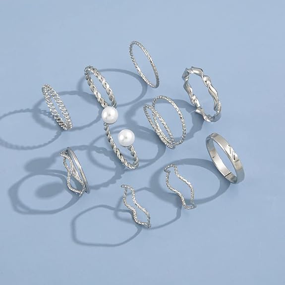 10 Pcs Boho Metallic Stackable Rings Set – Gold & Silver (Adjustable)