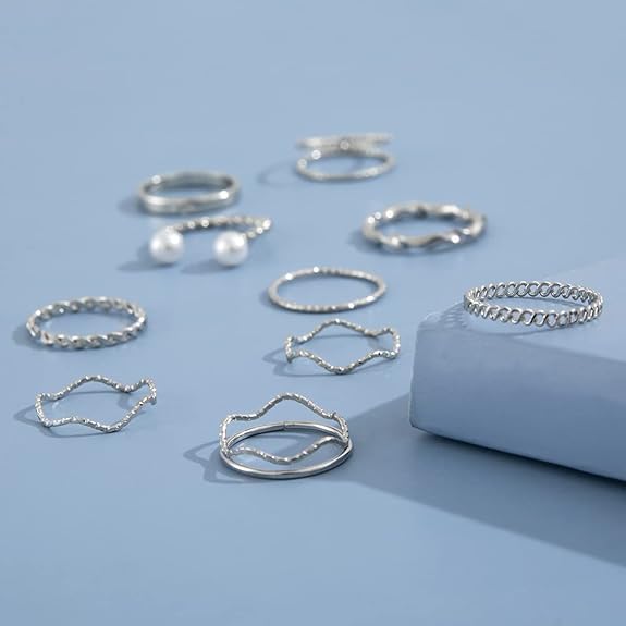 10 Pcs Boho Metallic Stackable Rings Set – Gold & Silver (Adjustable)