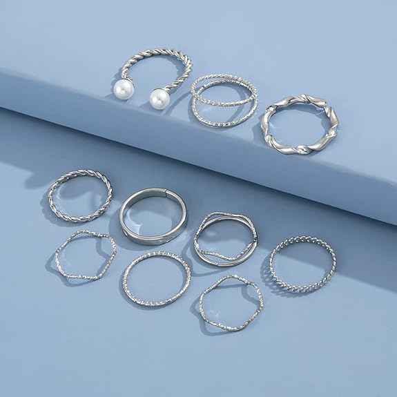 10 Pcs Boho Metallic Stackable Rings Set – Gold & Silver (Adjustable)