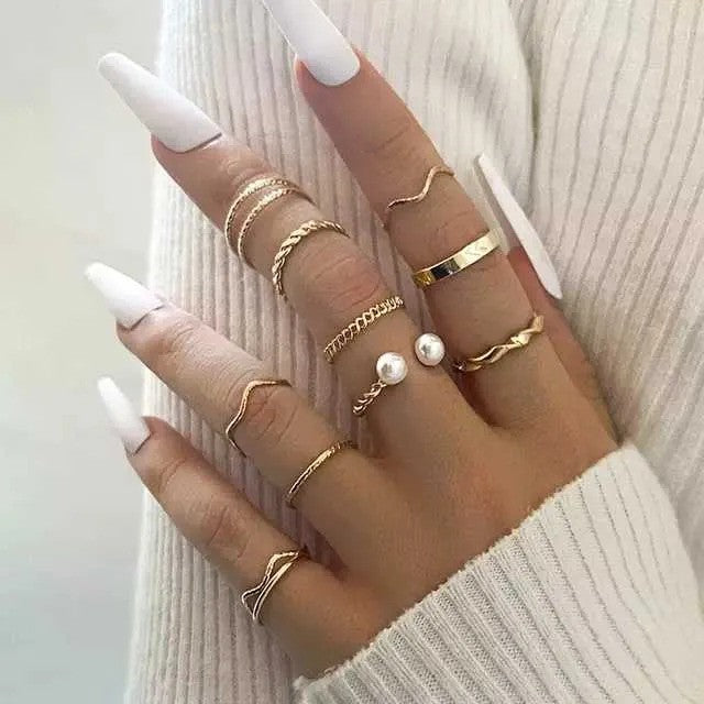 10 Pcs Boho Metallic Stackable Rings Set – Gold & Silver (Adjustable)