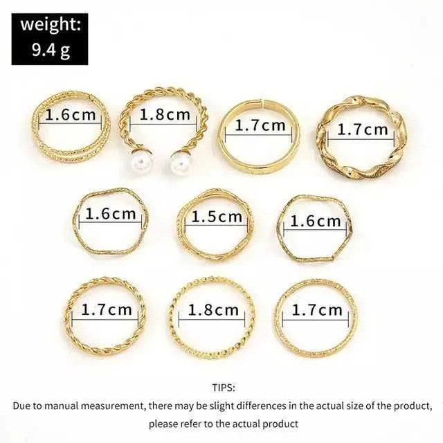 10 Pcs Boho Metallic Stackable Rings Set – Gold & Silver (Adjustable)