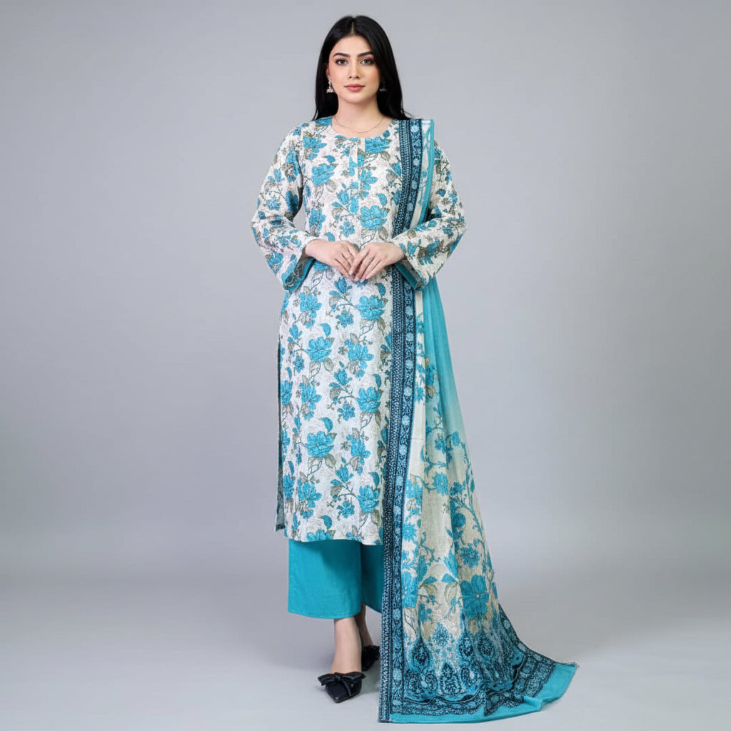 Zaman Pure Lawn Summer Collection – Blooming Blues Stitched 3Pc Suit