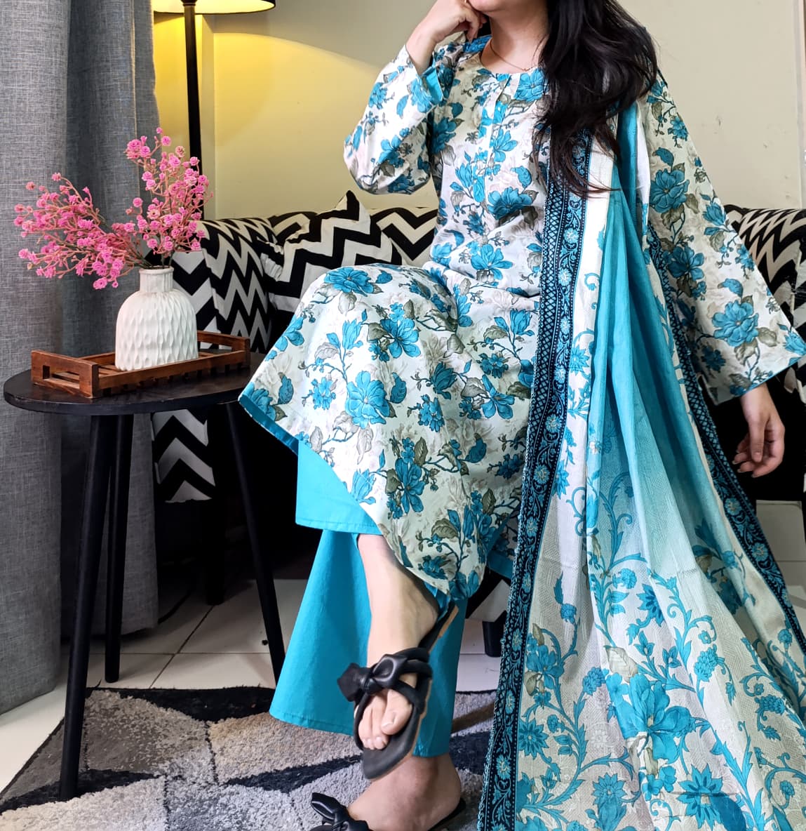 Zaman Pure Lawn Summer Collection – Blooming Blues Stitched 3Pc Suit