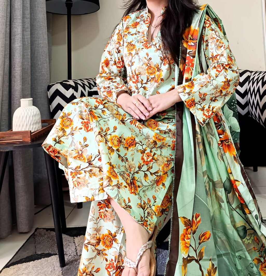 Zaman Pure Lawn Summer Collection – Marigold Stitched 3Pc Suit