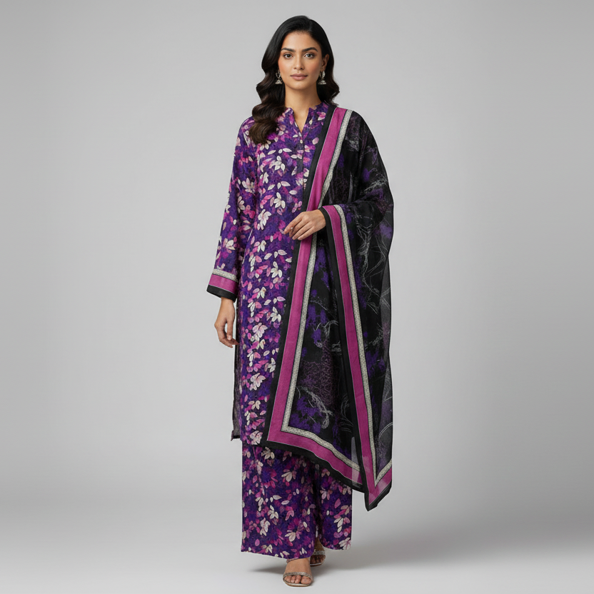 3pc Bonanza Original Summer 2026 Purple Bloom Digital Printed Lawn Suit - Unstitched