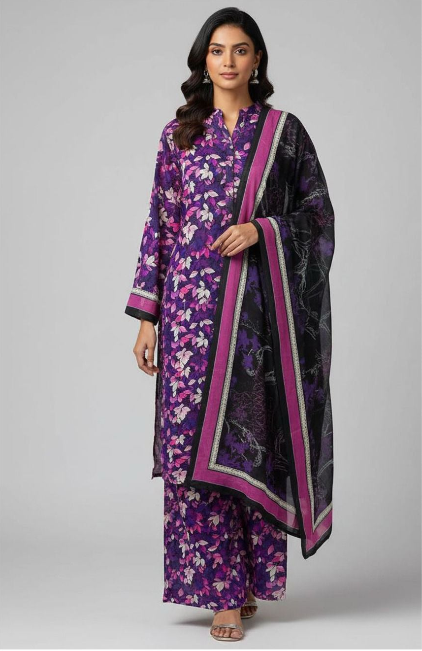 3pc Bonanza Original Summer 2026 Purple Bloom Digital Printed Lawn Suit - Unstitched