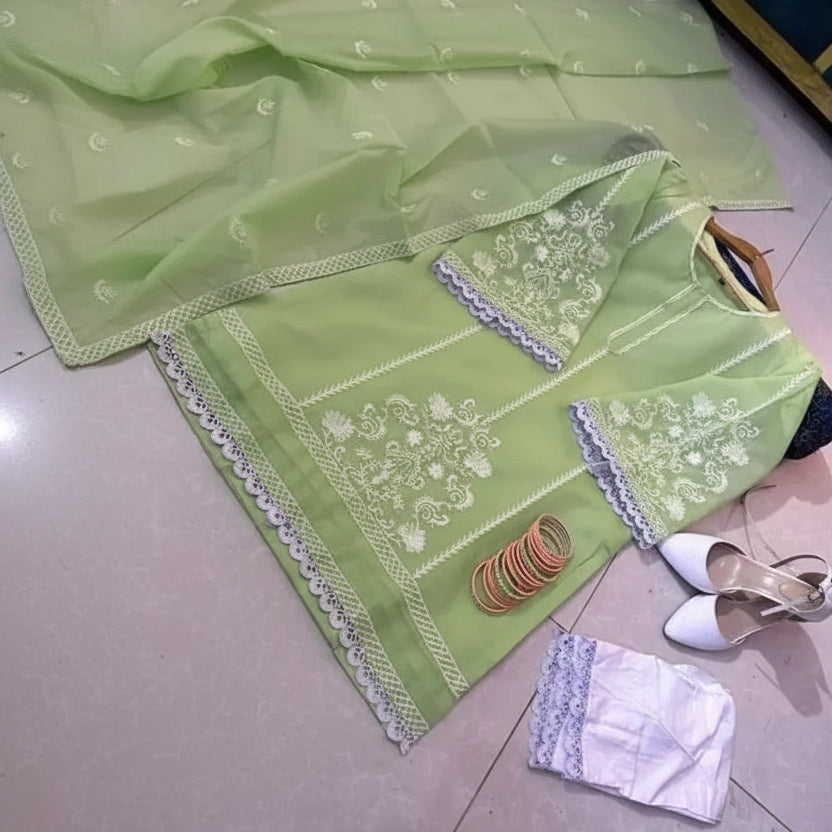 3 Pcs Emerald Grace – Women’s Stitched Organza Embroidered Suit with Lace Details