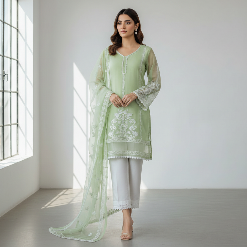 3 Pcs Emerald Grace – Women’s Stitched Organza Embroidered Suit with Lace Details