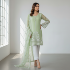 3 Pcs Emerald Grace – Women’s Stitched Organza Embroidered Suit with Lace Details