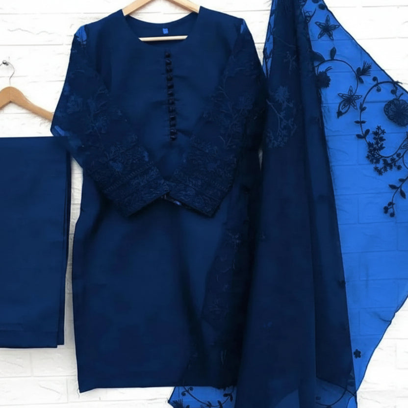 3 Pcs Nooreen Women’s Organza Embroidered Stitched Suit with Embroidered Dupatta