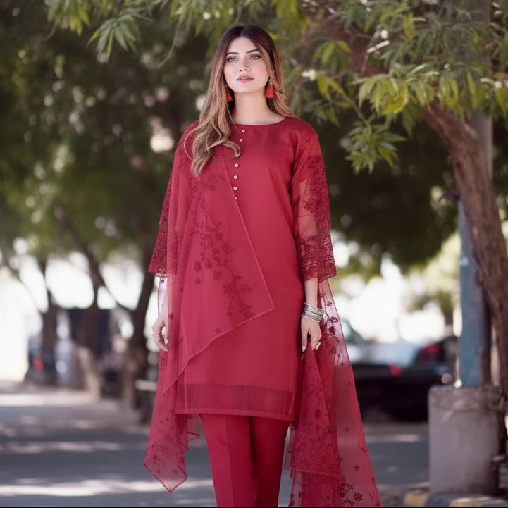 3 Pcs Nooreen Women’s Organza Embroidered Stitched Suit with Embroidered Dupatta