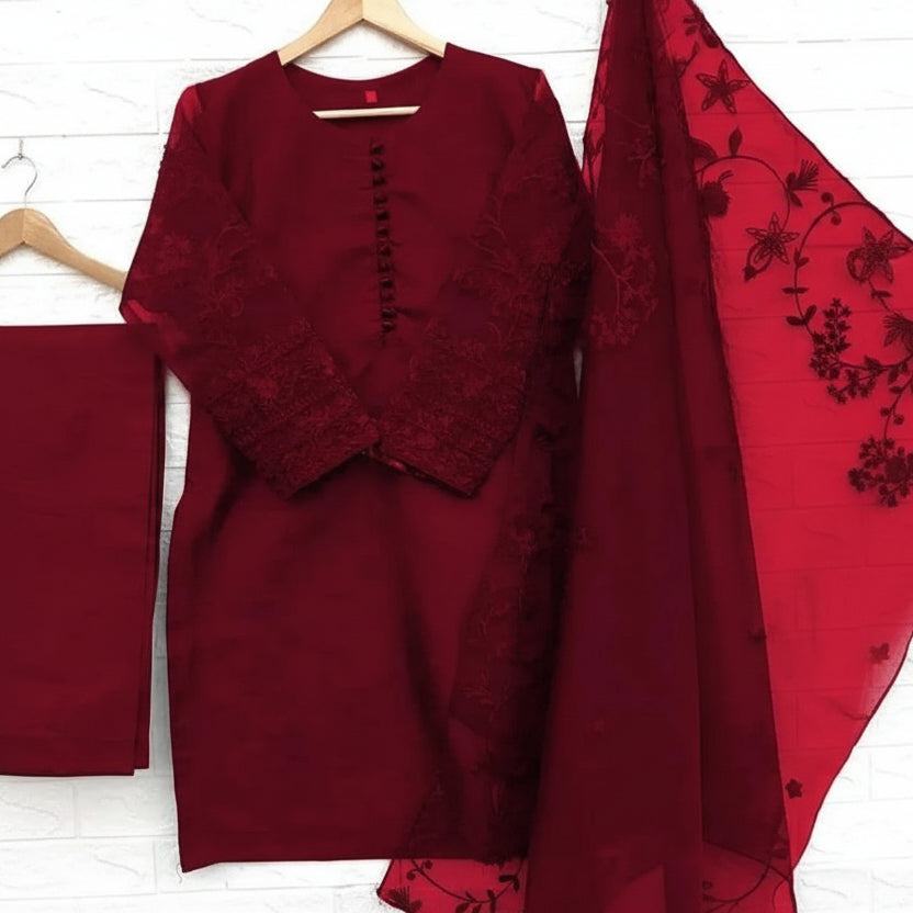 3 Pcs Nooreen Women’s Organza Embroidered Stitched Suit with Embroidered Dupatta