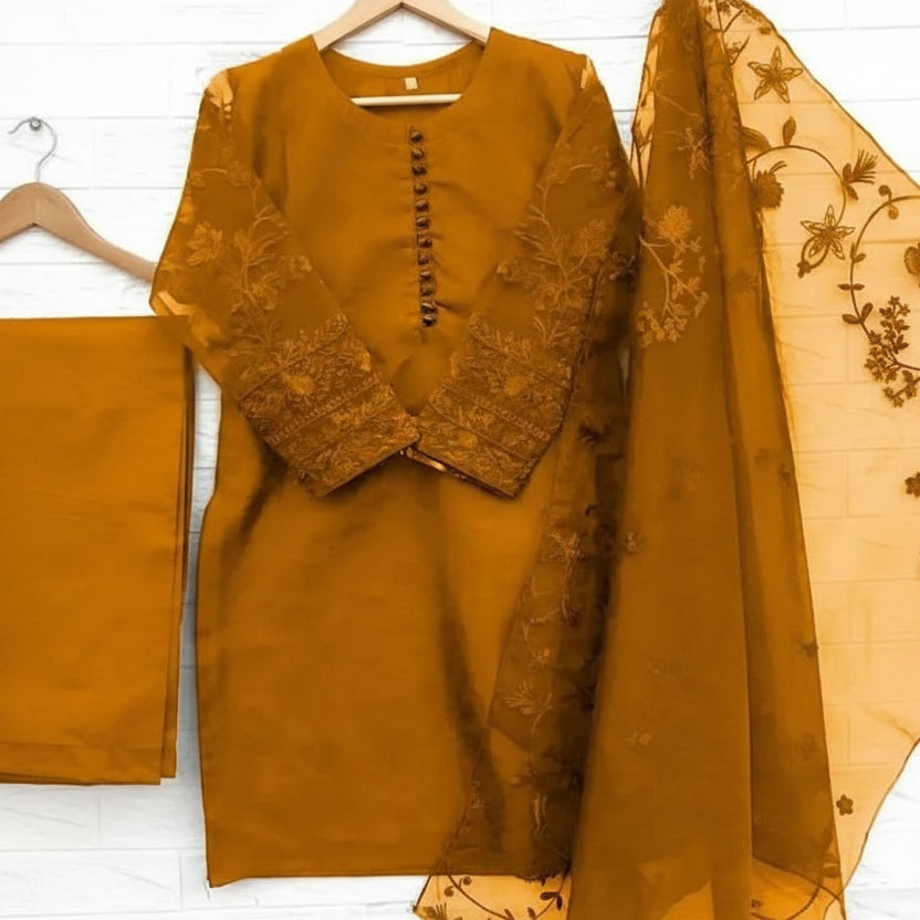 3 Pcs Nooreen Women’s Organza Embroidered Stitched Suit with Embroidered Dupatta