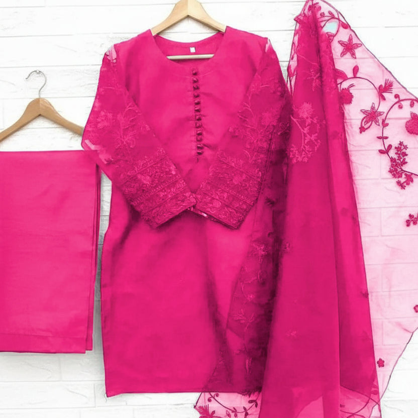 3 Pcs Nooreen Women’s Organza Embroidered Stitched Suit with Embroidered Dupatta