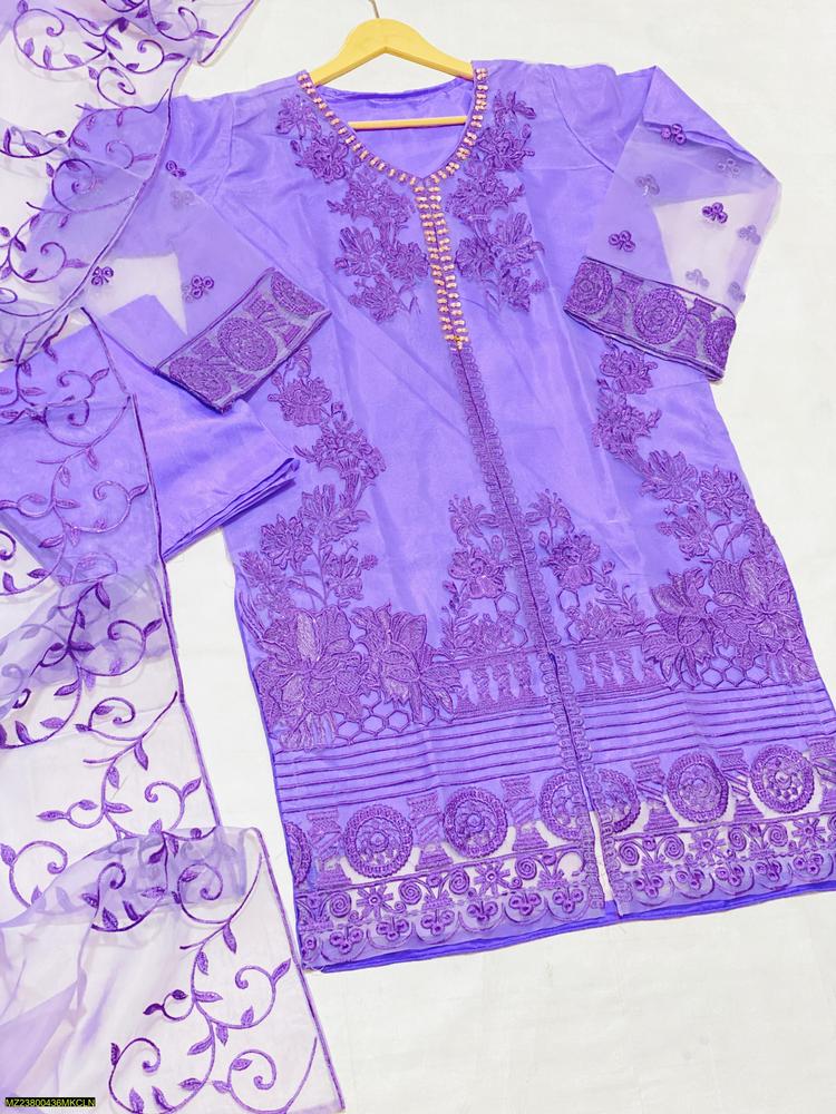 3 Pcs Nooreva Women’s Fancy Organza Embroidered Stitched Suit