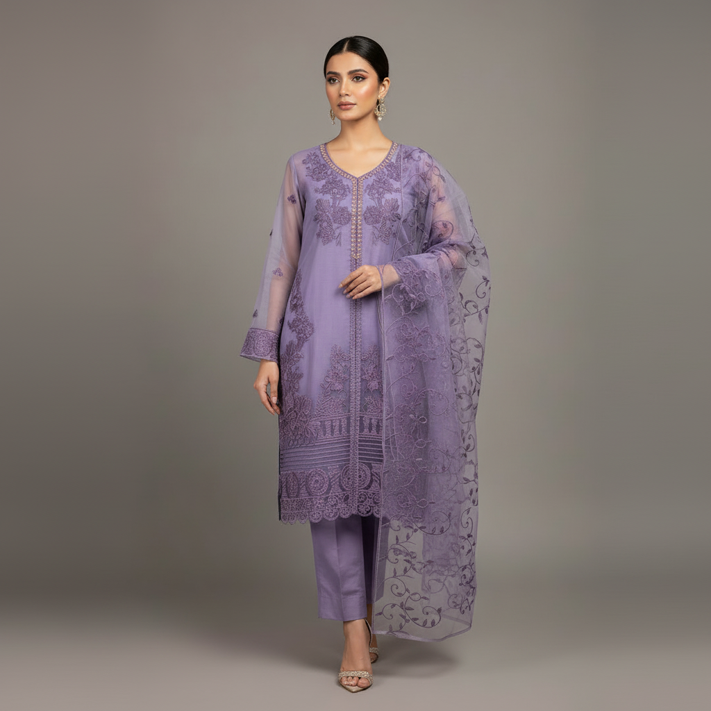 3 Pcs Nooreva Women’s Fancy Organza Embroidered Stitched Suit
