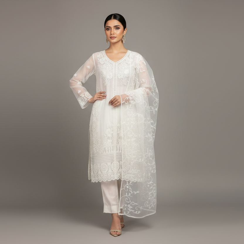 3 Pcs Nooreva Women’s Fancy Organza Embroidered Stitched Suit