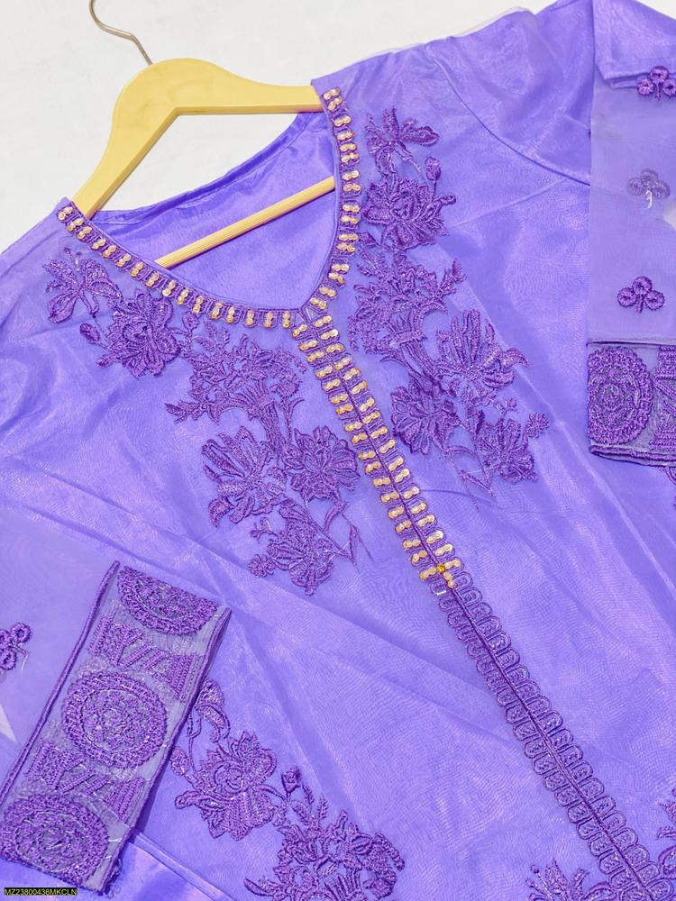 3 Pcs Nooreva Women’s Fancy Organza Embroidered Stitched Suit