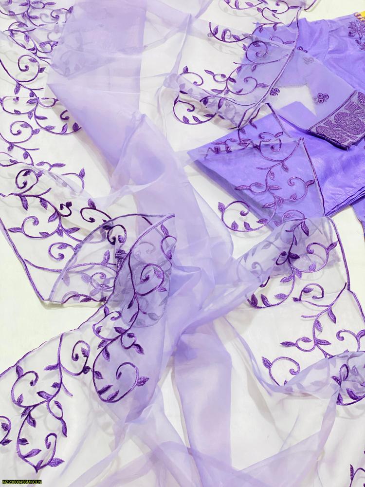 3 Pcs Nooreva Women’s Fancy Organza Embroidered Stitched Suit