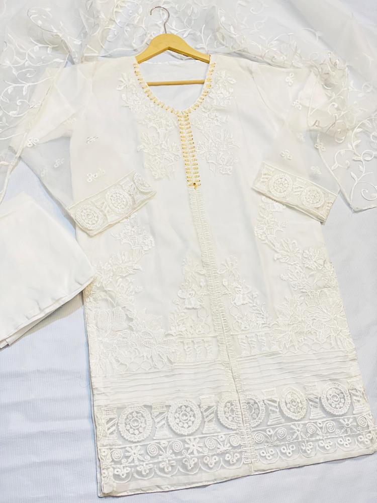 3 Pcs Nooreva Women’s Fancy Organza Embroidered Stitched Suit