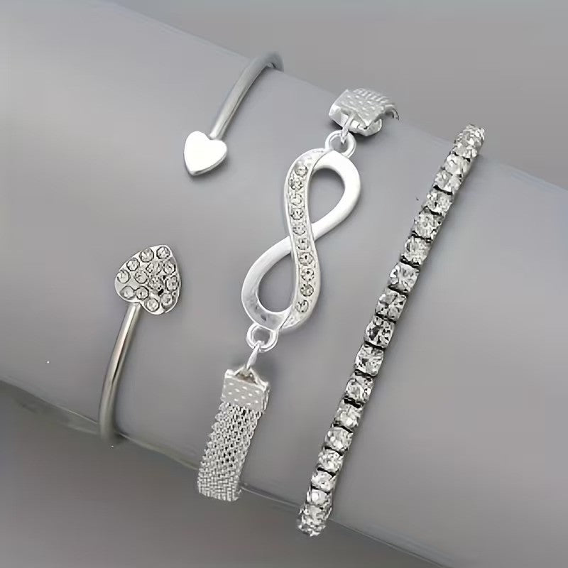 Infinity Hearts Silver Multilayer Bracelet Set – 3 Pcs (Silver Plated)