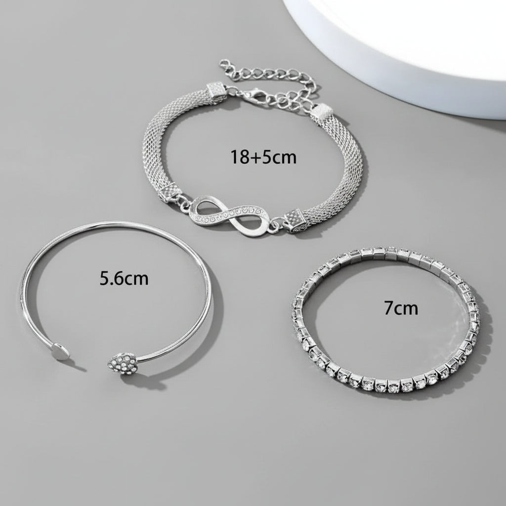 Infinity Hearts Silver Multilayer Bracelet Set – 3 Pcs (Silver Plated)