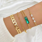 Green Daisy Multilayer Set – 4 Pcs Gold Plated Crystal Charm Bracelet Stack