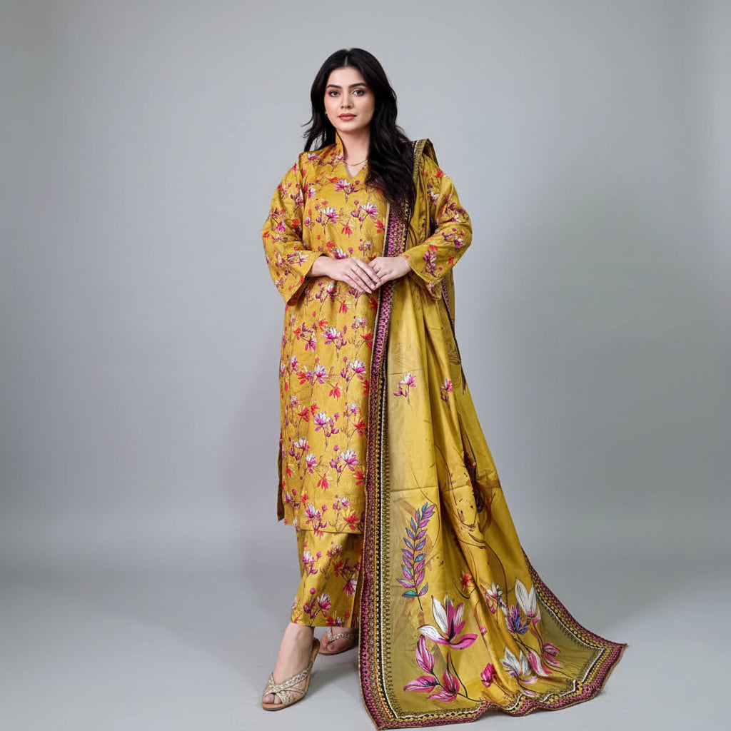 Zaman Pure Lawn Summer Collection – Gold Lilly Stitched 3Pc Suit