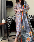 Zaman Pure Lawn Summer Collection – Silver Bloom Stitched 3Pc Suit