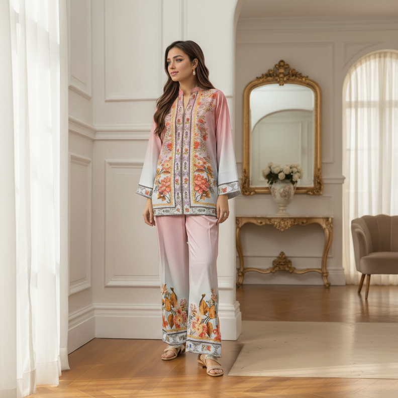 Blossom Pink – 2 Pc Women’s Stitched Swiss Lawn Floral Co-Ord Set