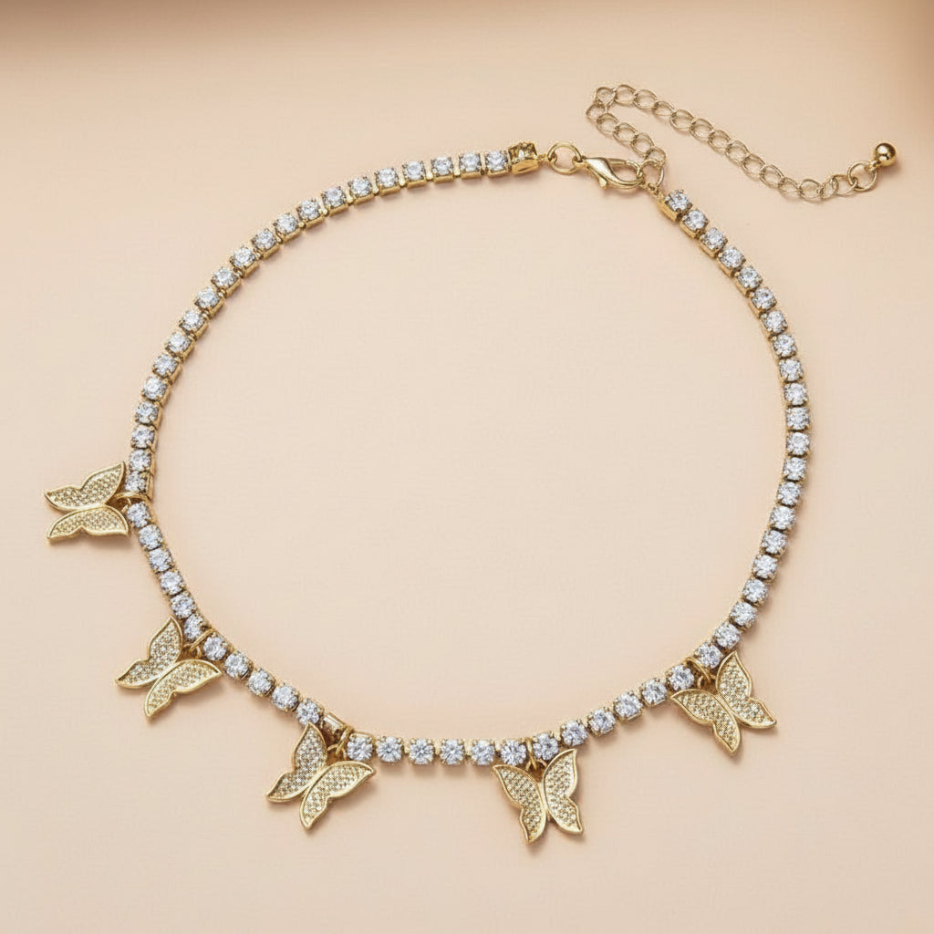 Celestial Shine Butterfly Tennis Choker – Gold Plated Adjustable Necklace