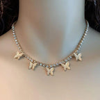Tennis Cubic Zircon Necklace with butterfly pendants on a woman's neck
