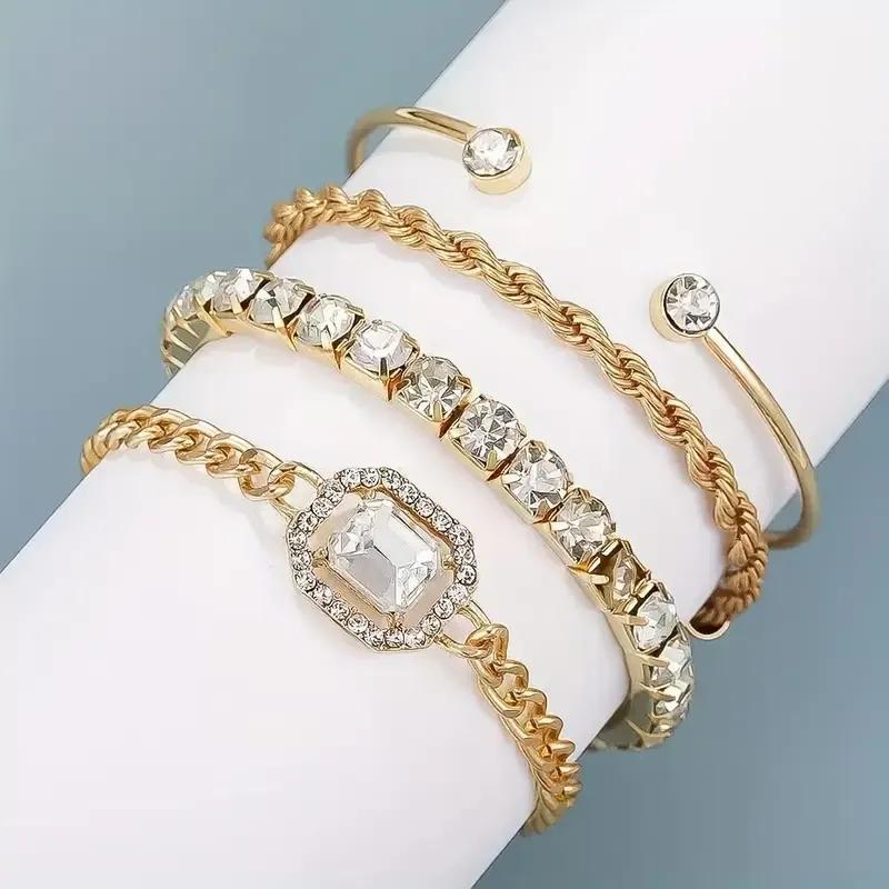 White Crystal Daisy Multilayer Set – 4 Pcs Gold Plated Gemstone Chain Bracelet