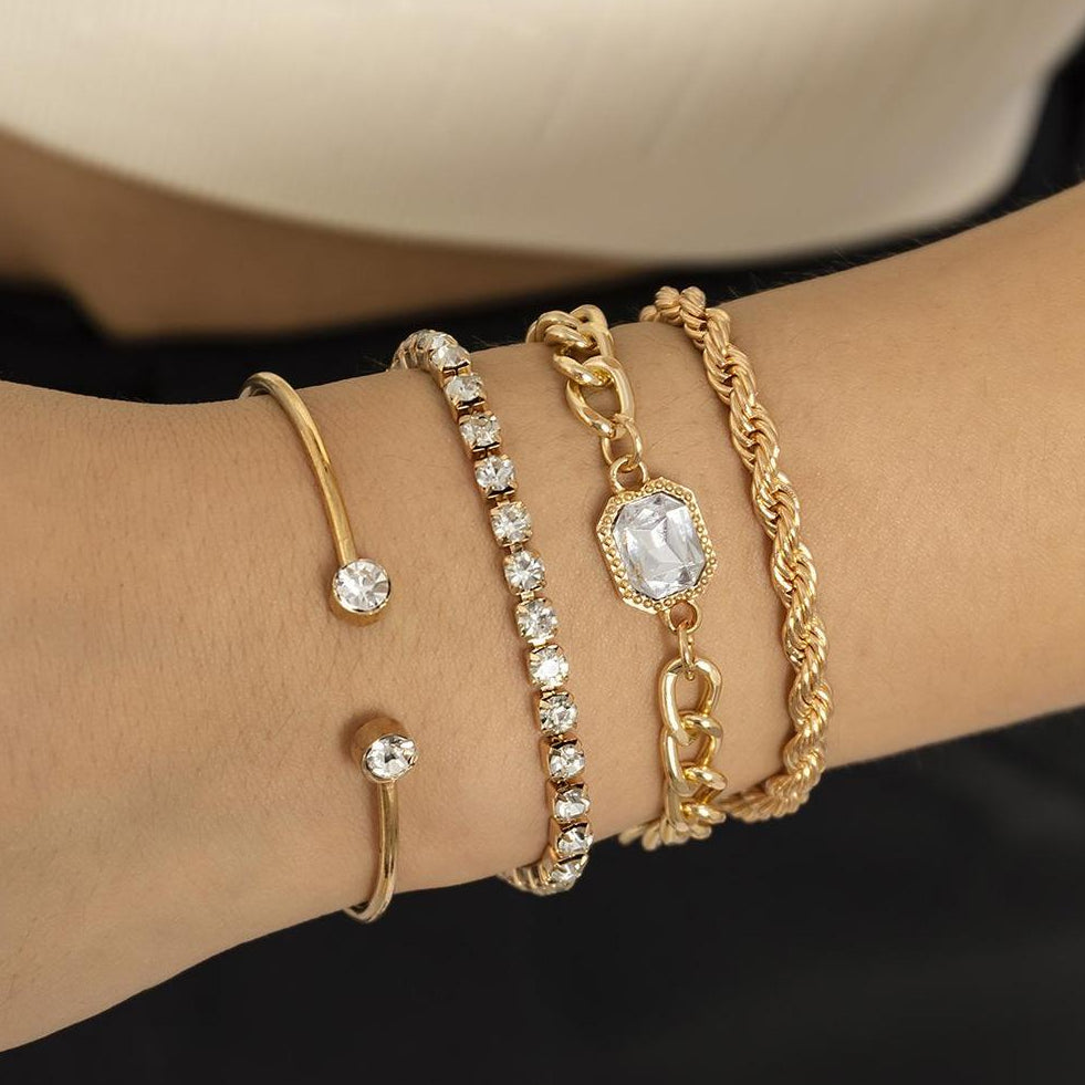 White Crystal Daisy Multilayer Set – 4 Pcs Gold Plated Gemstone Chain Bracelet