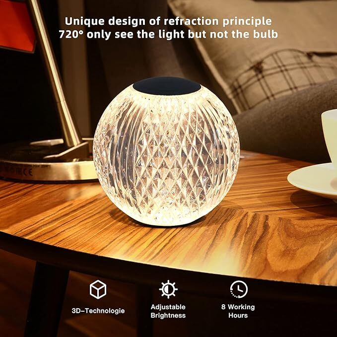 Crystal Glow Acrylic Diamond LED Touch Table Lamp – Rechargeable Dimmable Warm Light