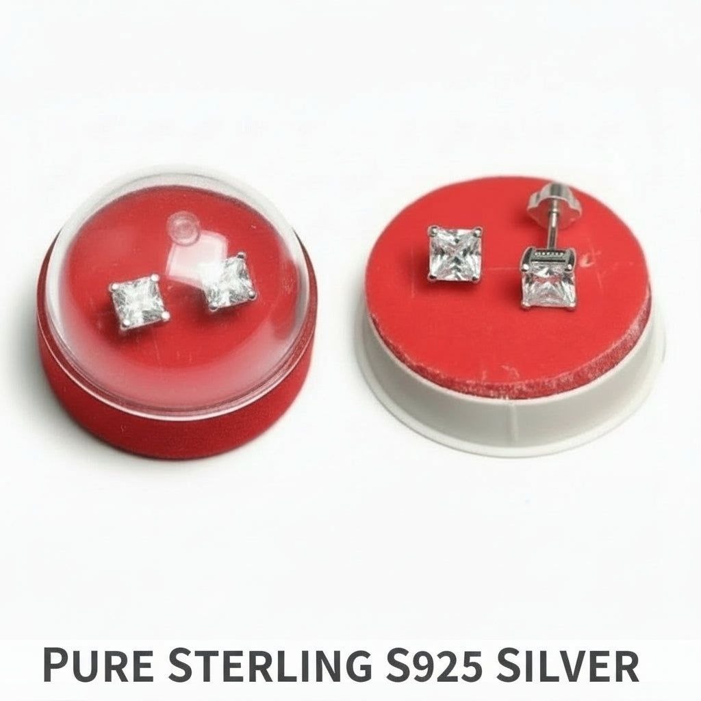 Diamond stud earrings on red earring backs with clear plastic cover