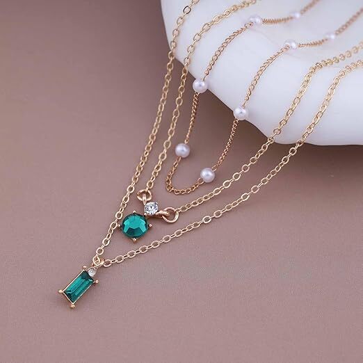 Emerald Glow Multilayer Pendant Necklace – Green Stone & Pearl (Gold Plated)