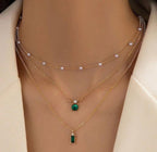Emerald Glow Multilayer Pendant Necklace – Green Stone & Pearl (Gold Plated)