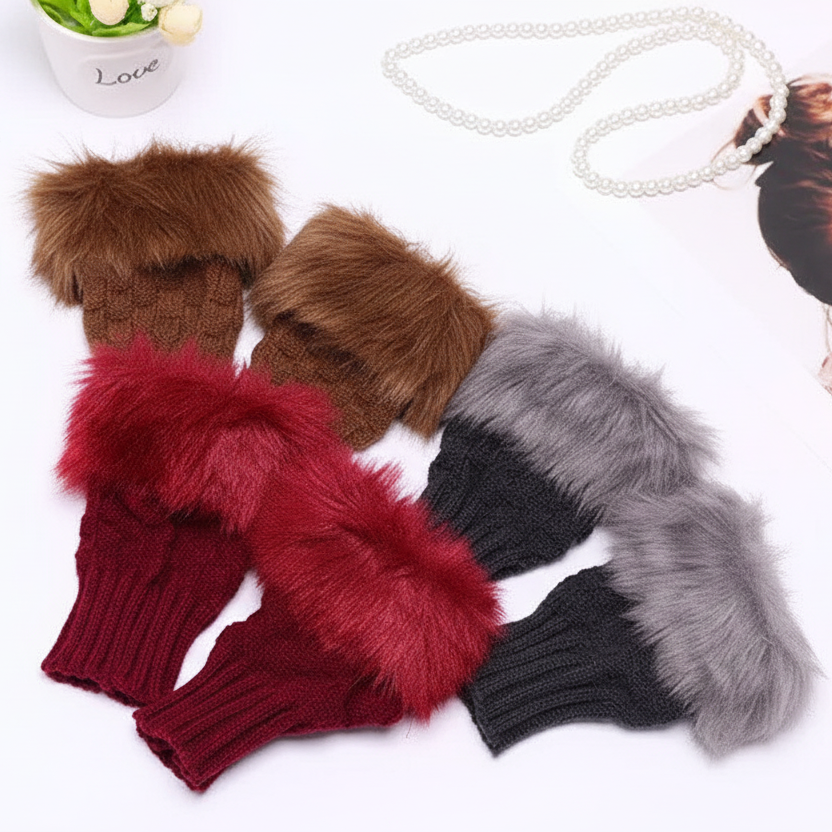 Women Faux Rabbit Fur Hand Wrist Warmer – Winter Fingerless Knitted Gloves (Pair)