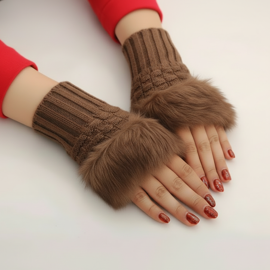 Women Faux Rabbit Fur Hand Wrist Warmer – Winter Fingerless Knitted Gloves (Pair)