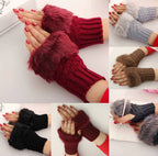 Women Faux Rabbit Fur Hand Wrist Warmer – Winter Fingerless Knitted Gloves (Pair)