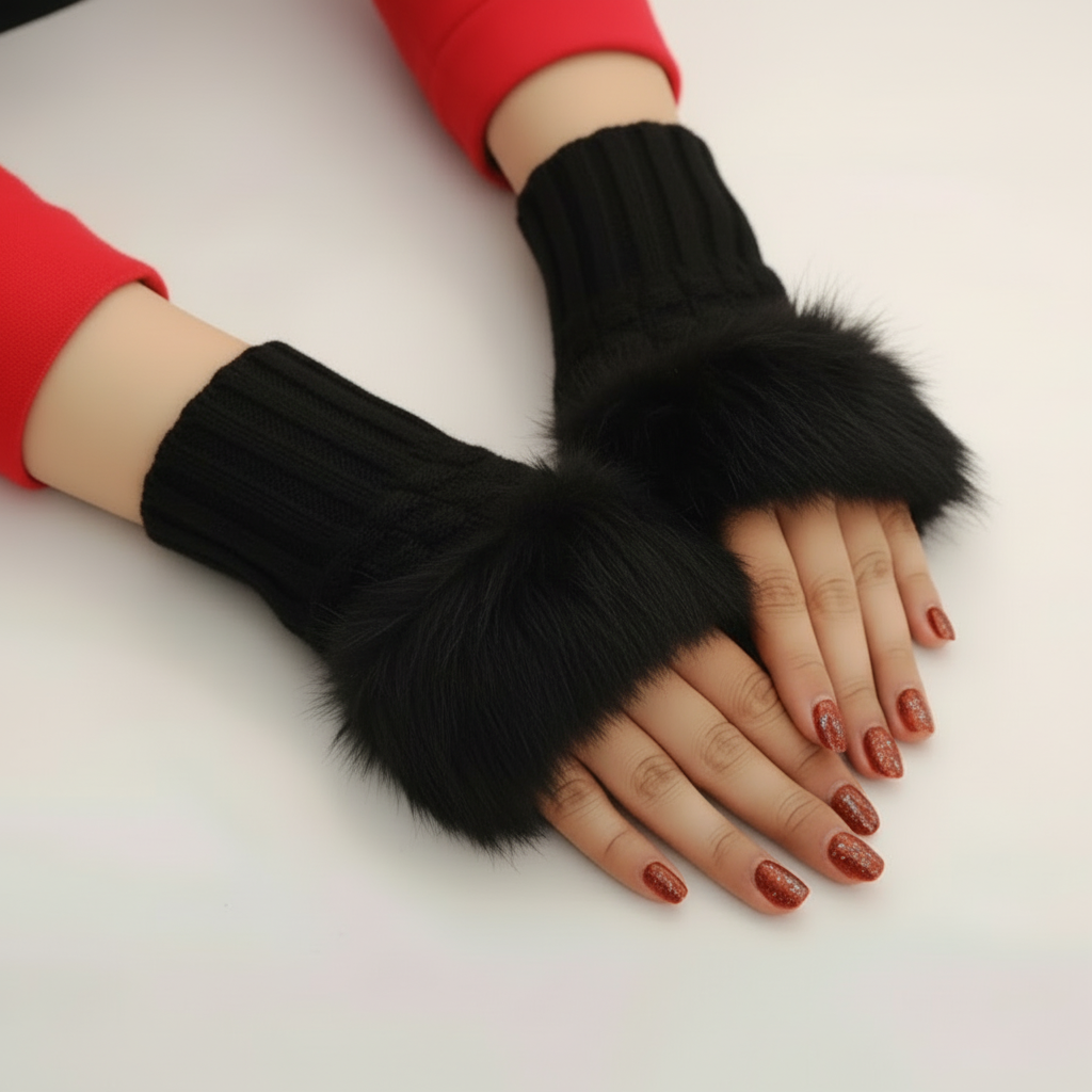 Women Faux Rabbit Fur Hand Wrist Warmer – Winter Fingerless Knitted Gloves (Pair)
