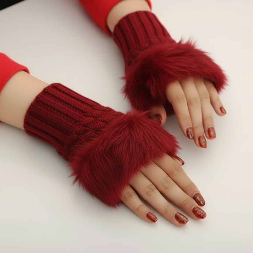 Women Faux Rabbit Fur Hand Wrist Warmer – Winter Fingerless Knitted Gloves (Pair)