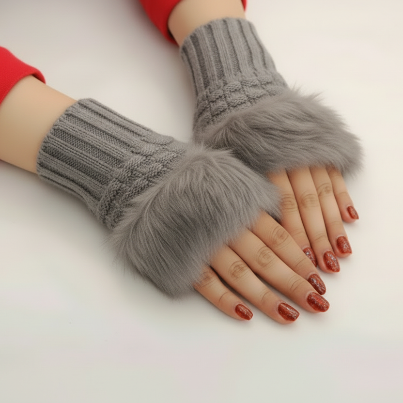 Women Faux Rabbit Fur Hand Wrist Warmer – Winter Fingerless Knitted Gloves (Pair)