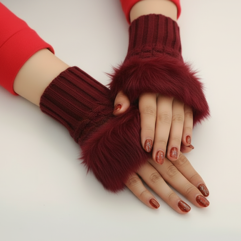 Women Faux Rabbit Fur Hand Wrist Warmer – Winter Fingerless Knitted Gloves (Pair)