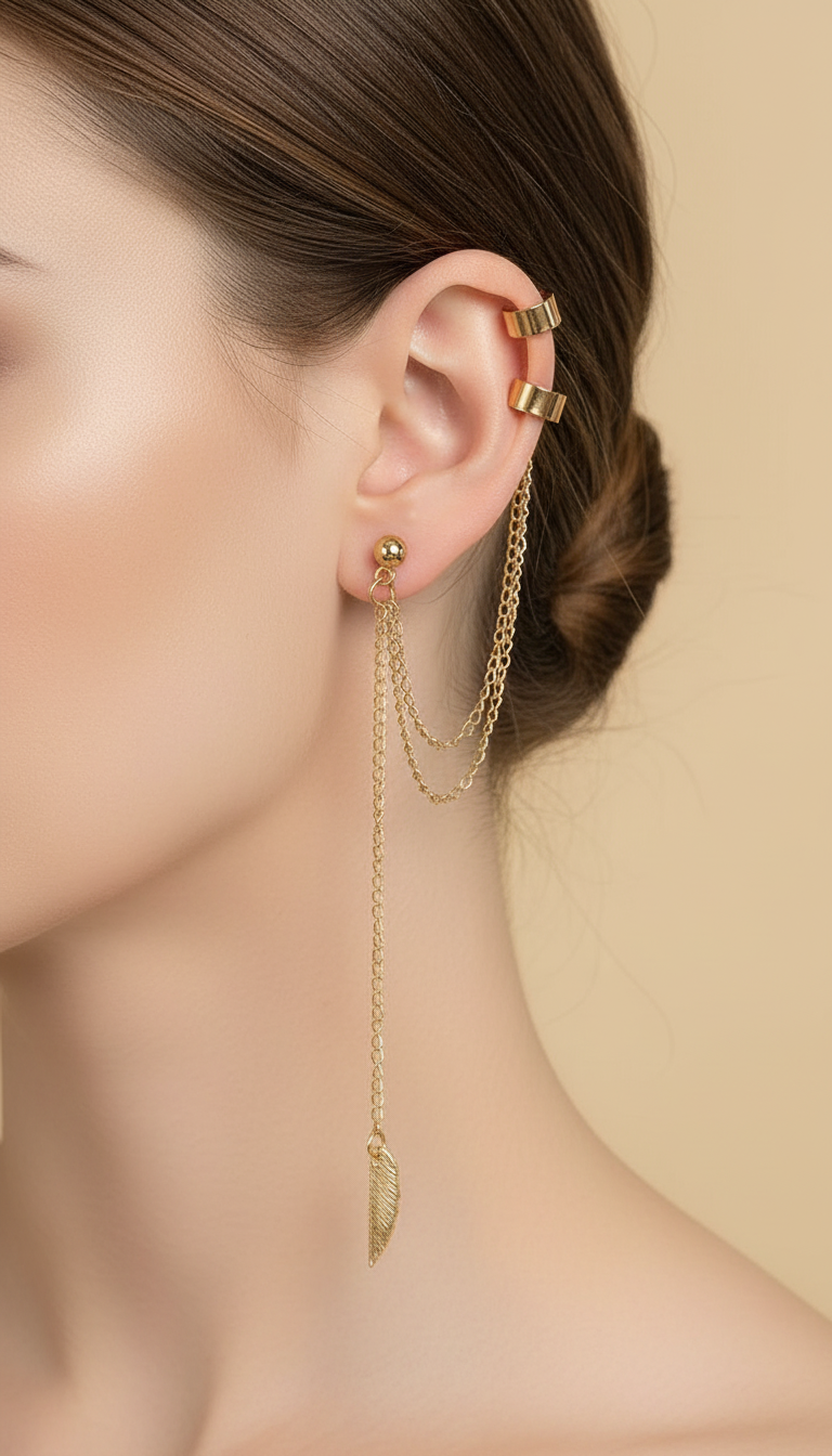 Gold chain earring on a beige background