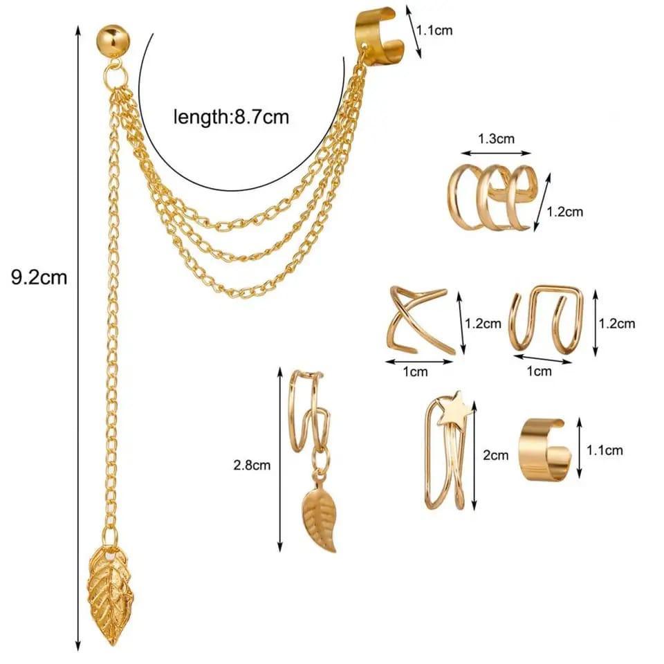 Gold Punk Layered Ear Cuff Set (7 Pcs) – No Piercing Clip-On Jewelry