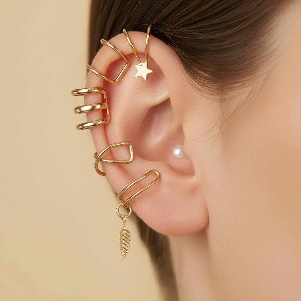 Gold Punk Layered Ear Cuff Set (7 Pcs) – No Piercing Clip-On Jewelry