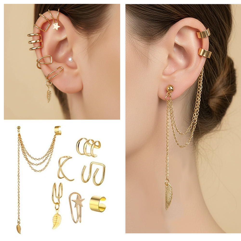 Gold Punk Layered Ear Cuff Set (7 Pcs) – No Piercing Clip-On Jewelry